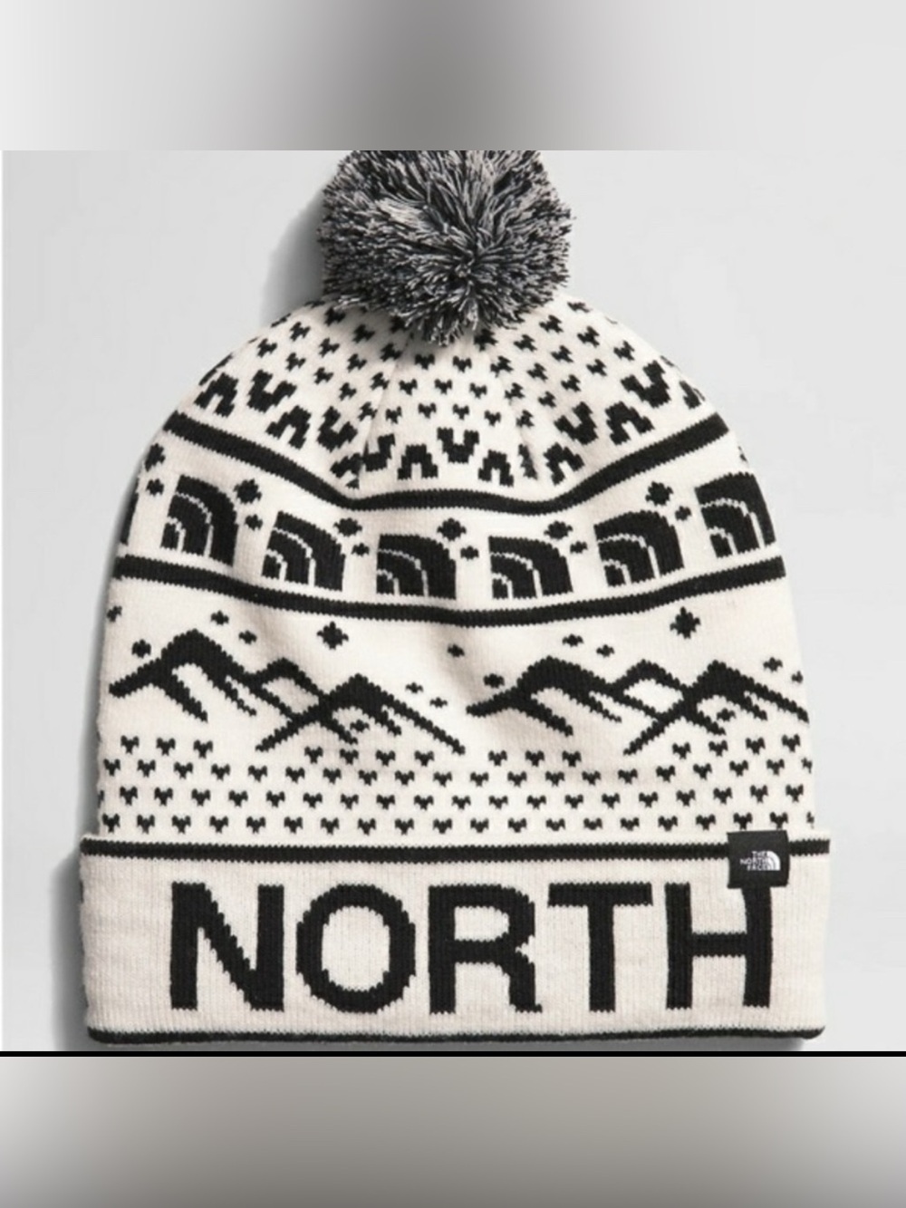 NORTH FACE Fair Isle Pom Beanie – Black & White – Good Condition